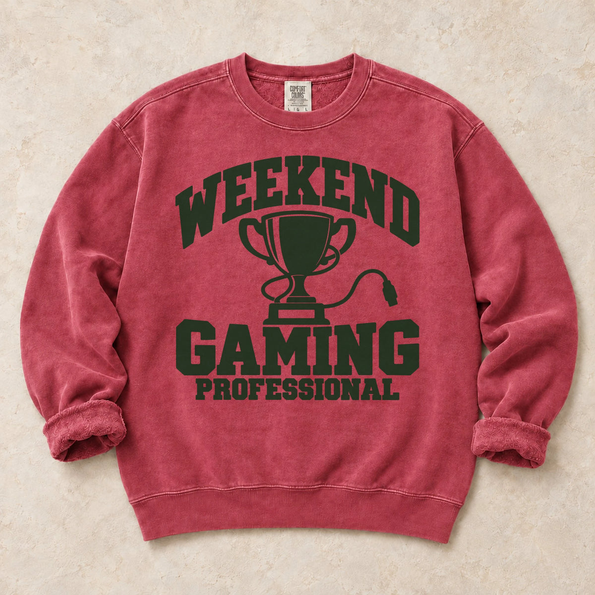 Crimson gaming sweatshirt. A trophy and gaming cable certify the weekend gaming professional.