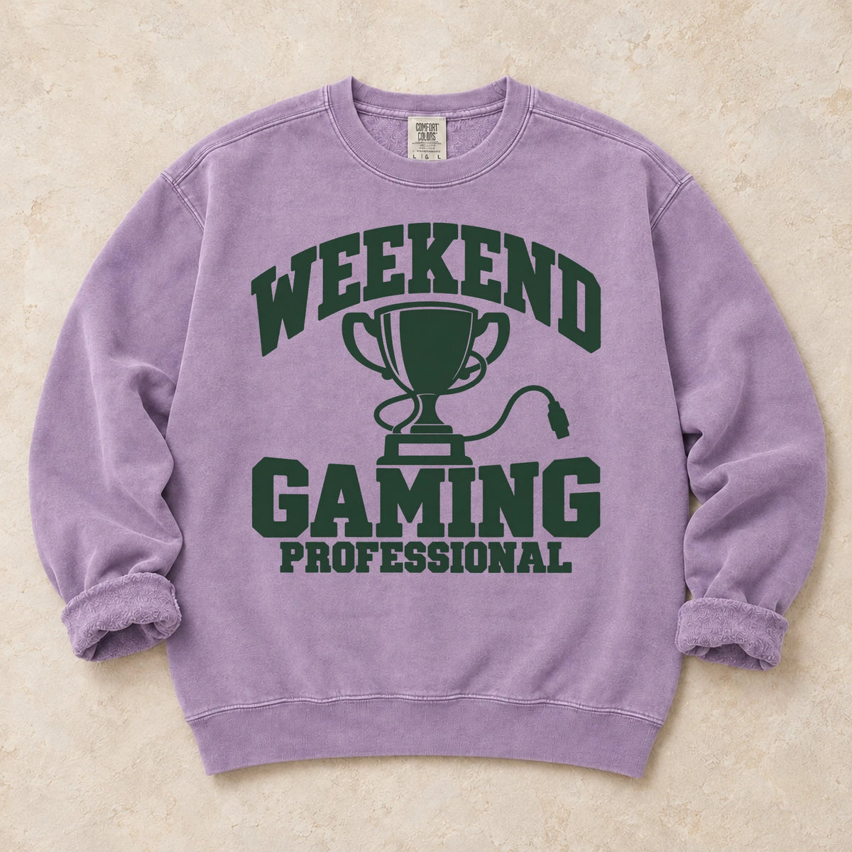 Orchid gaming sweatshirt. A trophy and gaming cable certify the weekend gaming professional.