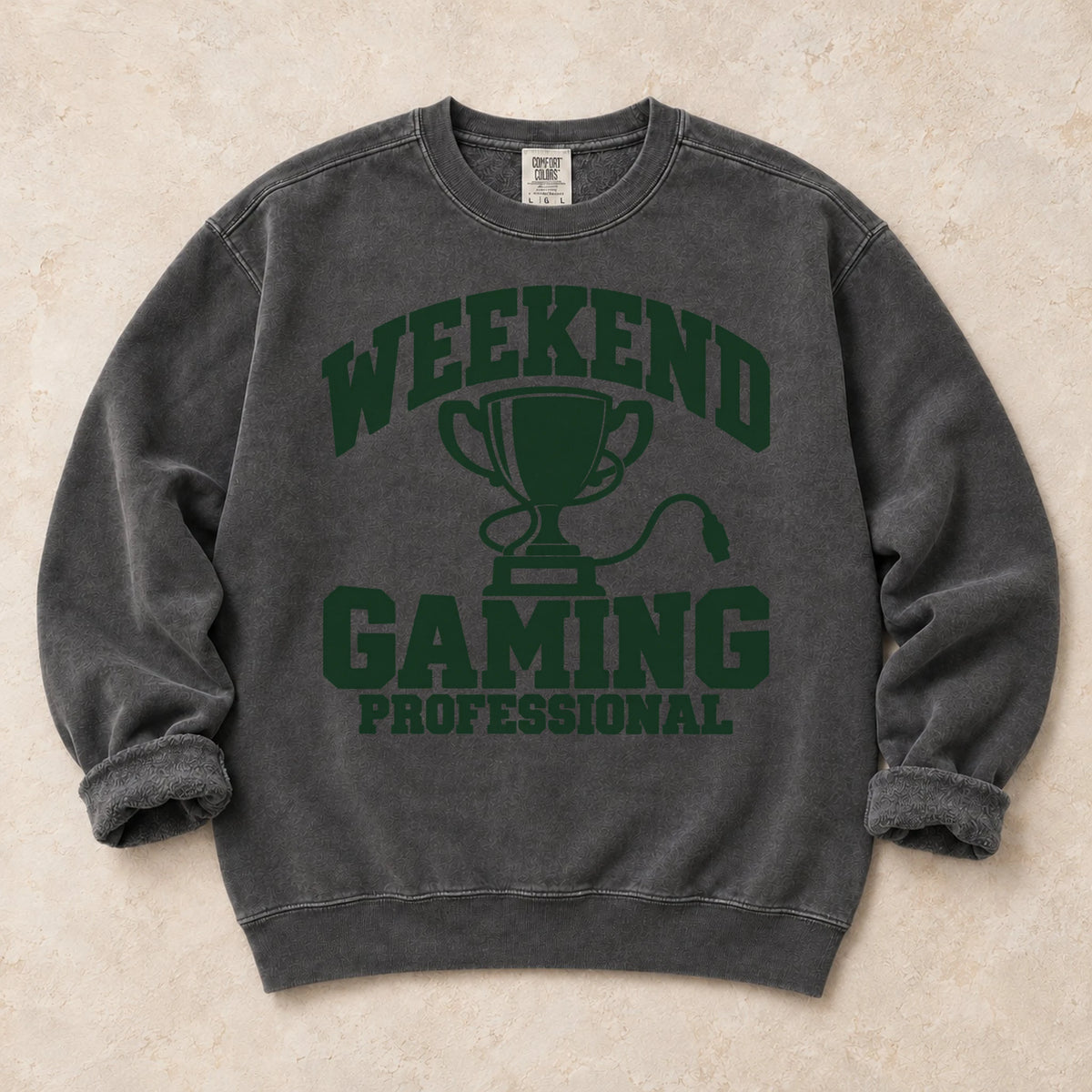 Pepper gaming sweatshirt. A trophy and gaming cable certify the weekend gaming professional.