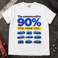 White T-shirt showing a grid of small blue cars with 'The camera roll is 90% the same car'.