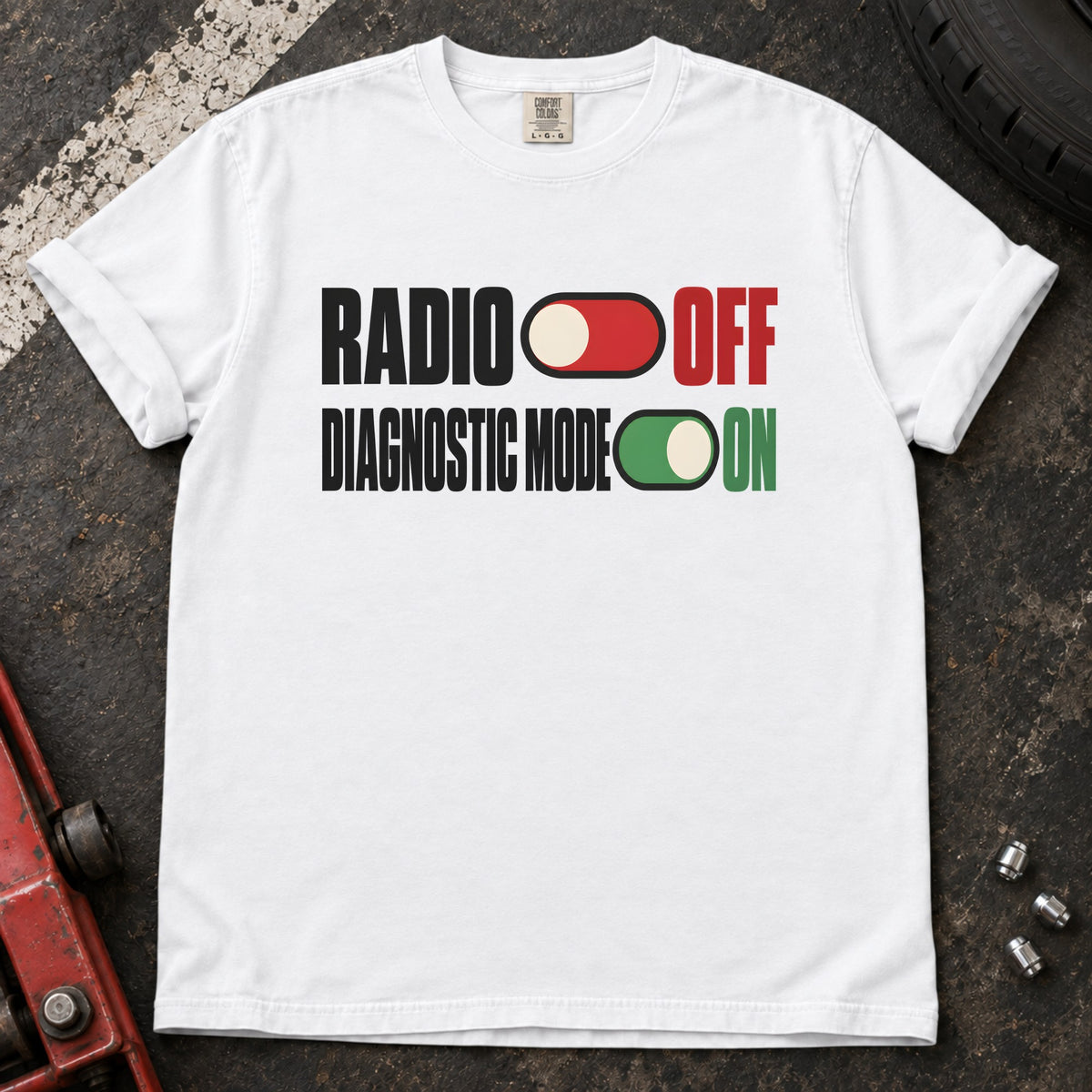 White T-shirt with toggle switches labeled 'Radio off' and 'Diagnostic mode on'.