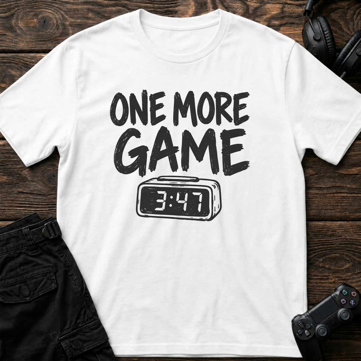 White gaming T-shirt. A digital clock nearing four accompanies the promise of one more game.
