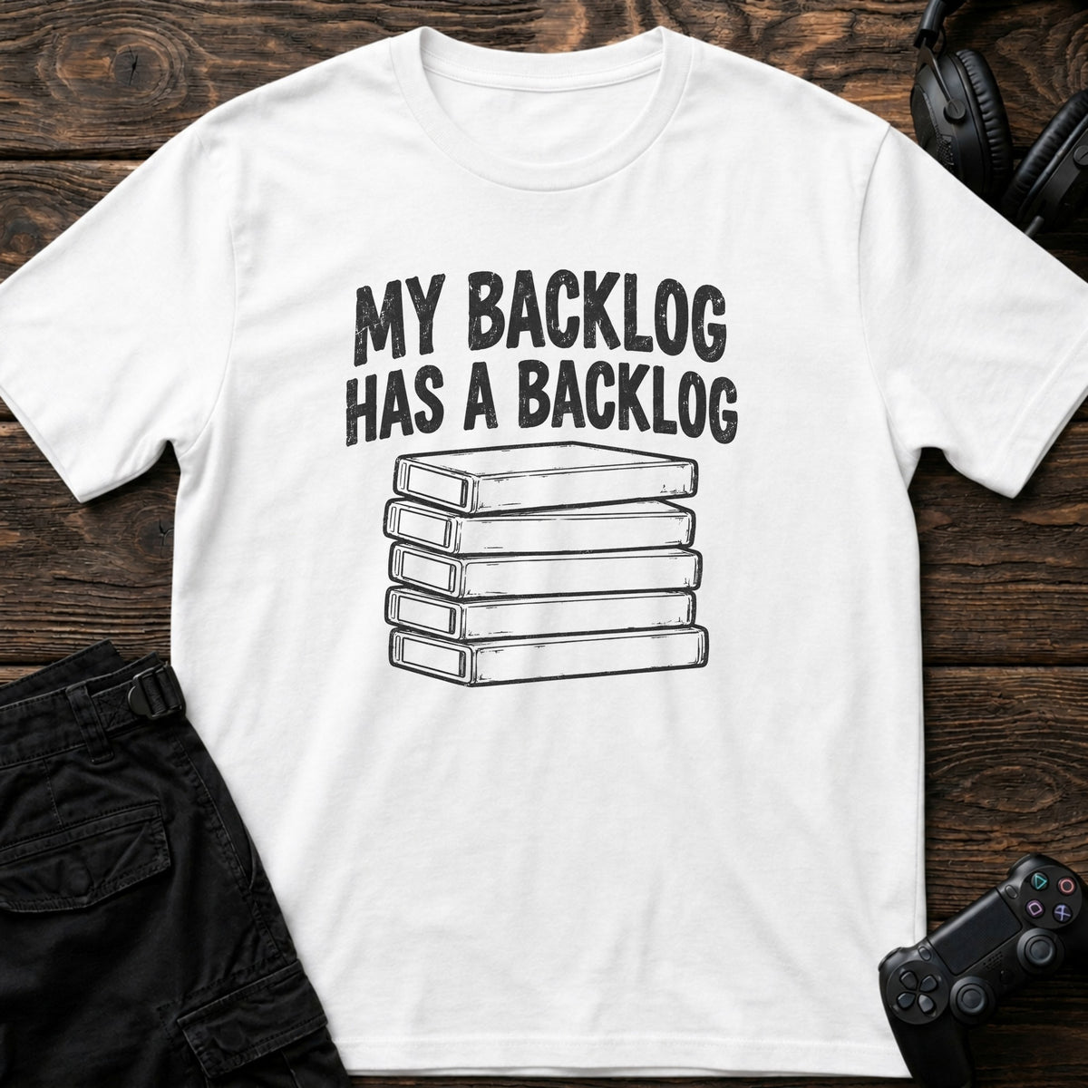 White gaming T-shirt. A stack of game cases illustrates my backlog has a backlog.