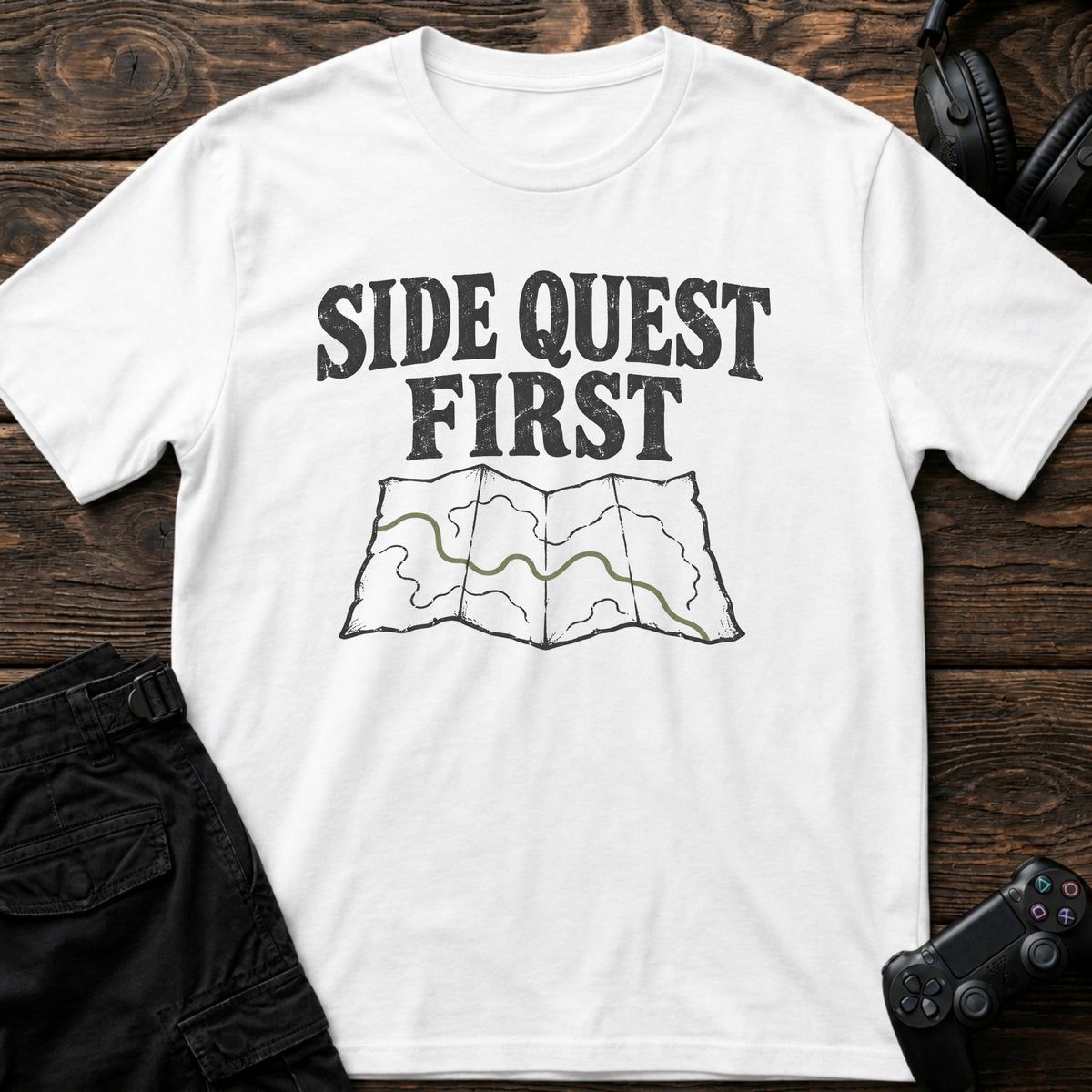 White gaming T-shirt. A marked map gives the side quest priority over everything else.