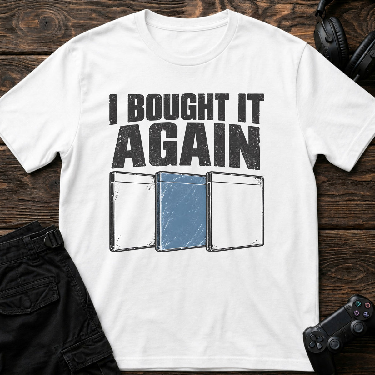 White gaming T-shirt. Three game cases admit buying it again.