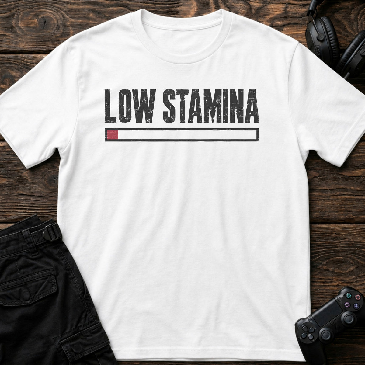 White gaming T-shirt. A nearly empty stamina bar captures the tired-player mood.
