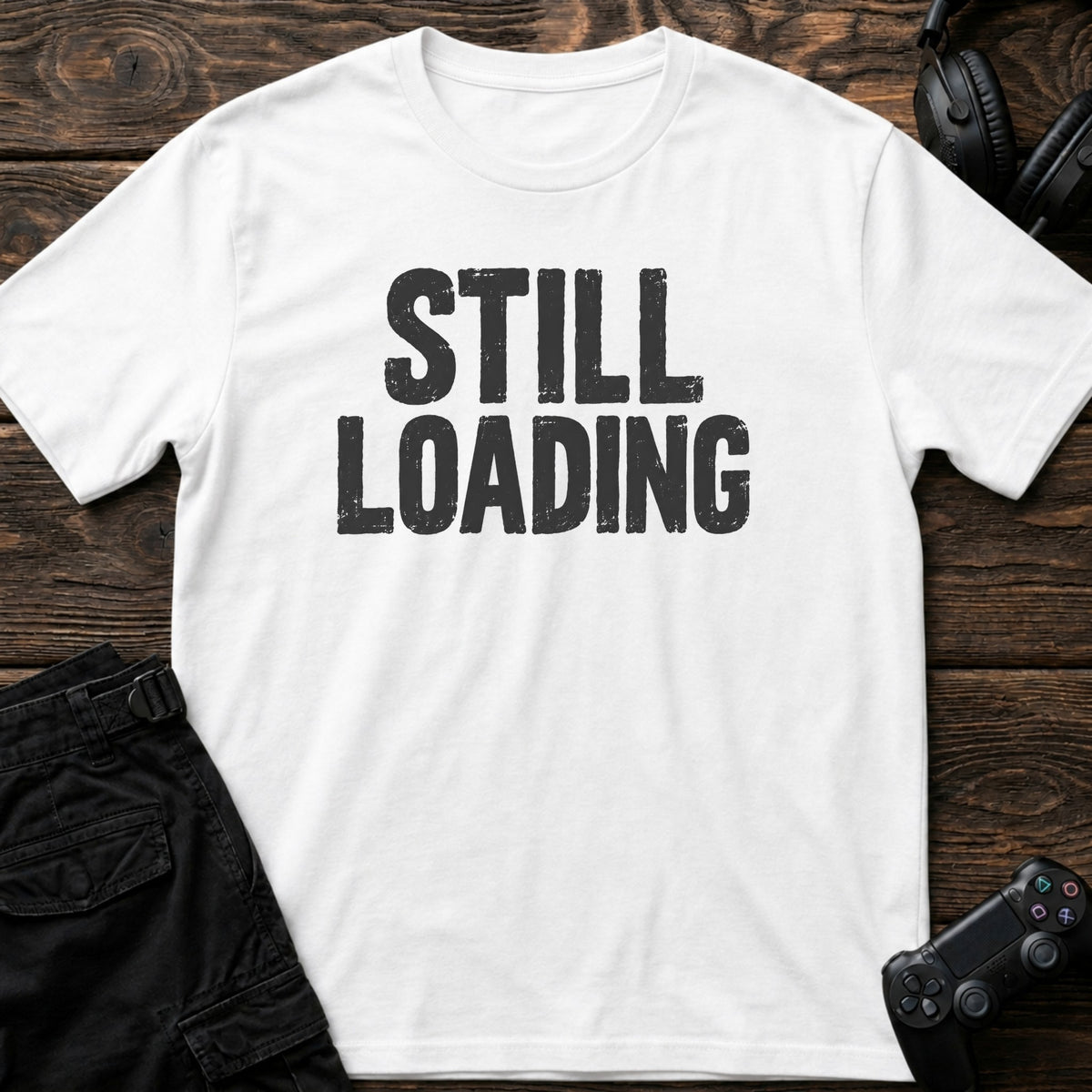 White gaming T-shirt. Still loading, in simple bold gamer typography.