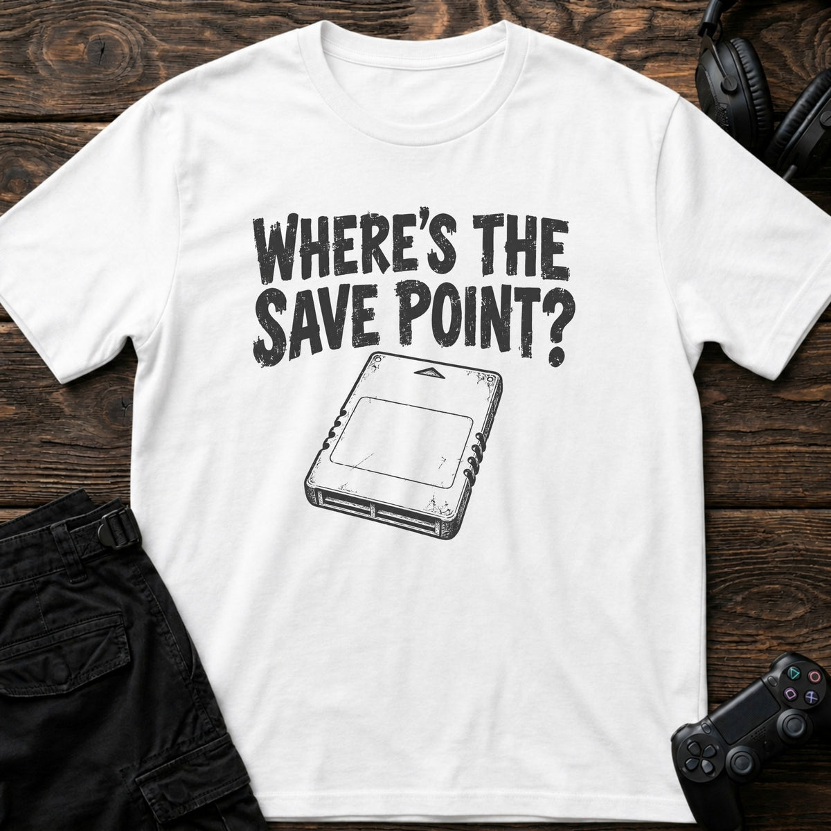 White gaming T-shirt. A vintage cartridge asks where's the save point?