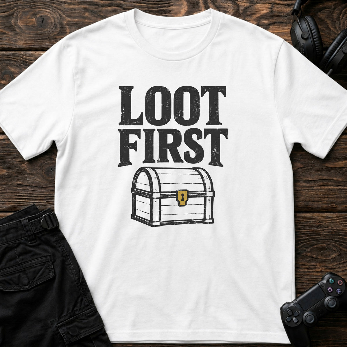 White gaming T-shirt. A treasure chest establishes the explorer's rule: loot first.