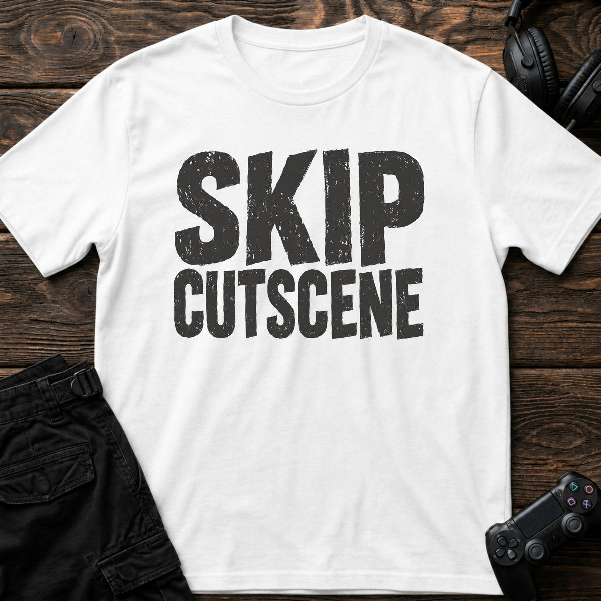 White gaming T-shirt. Skip cutscene, in worn bold lettering for impatient gamers.