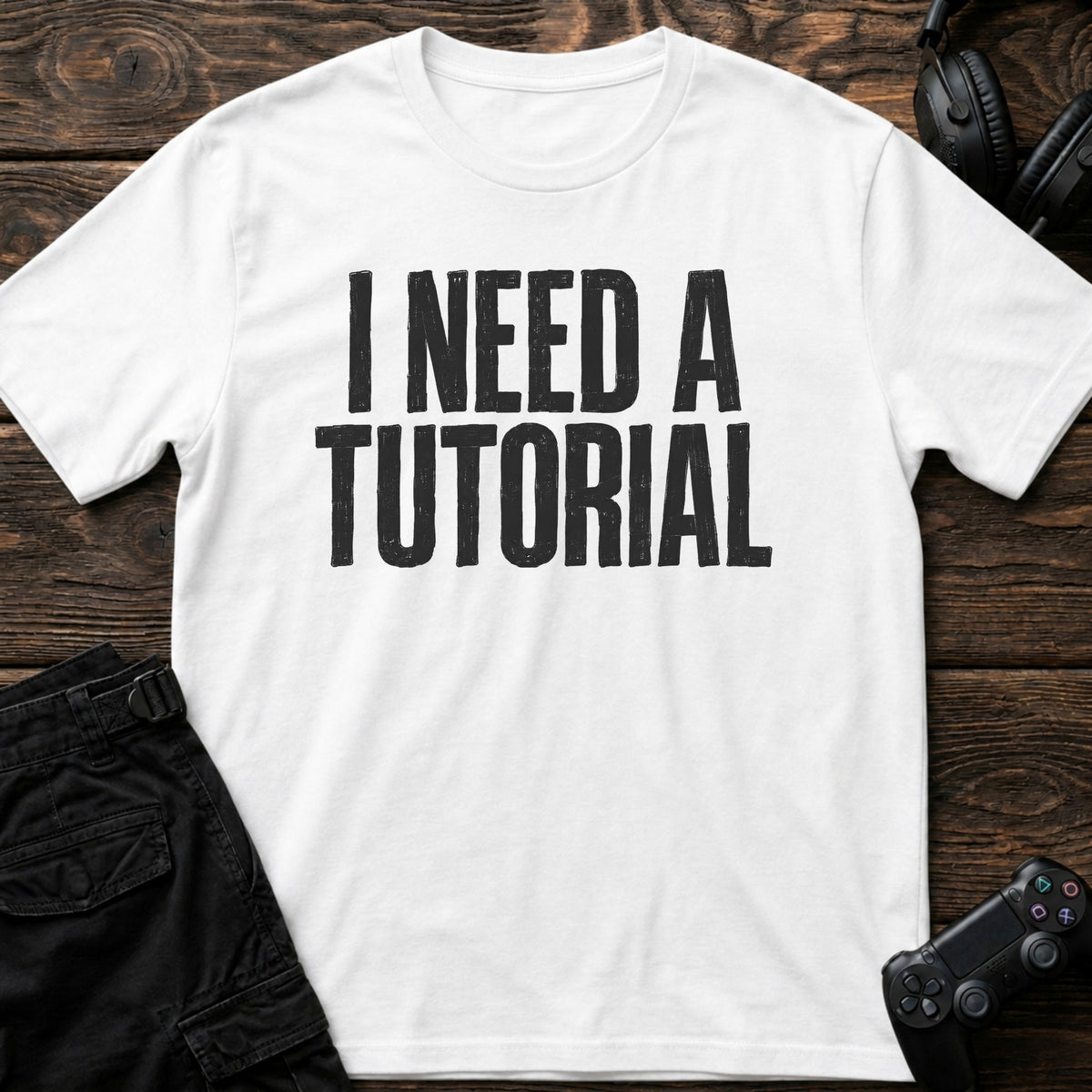 White gaming T-shirt. I need a tutorial: straightforward lettering for an honest gamer confession.