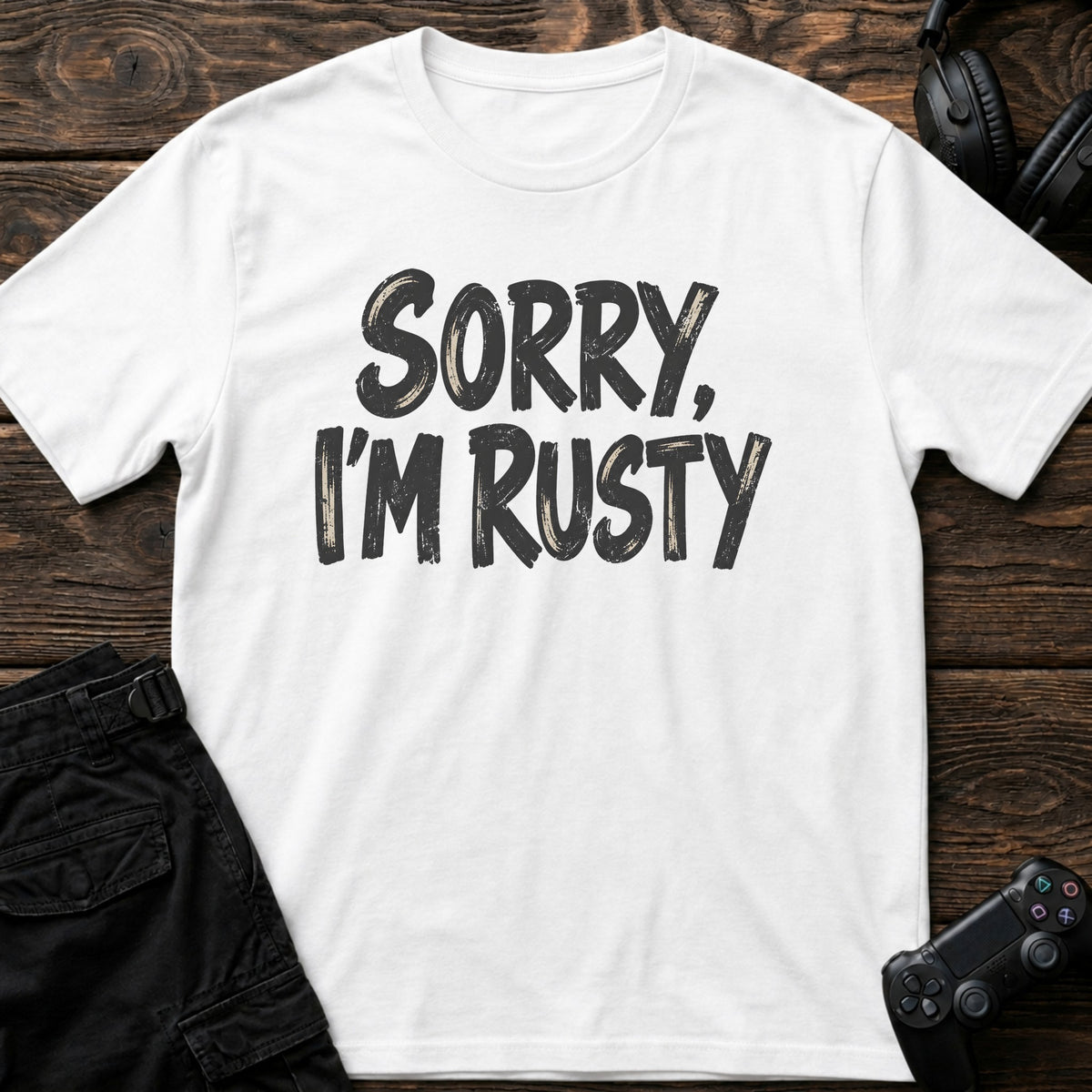 White gaming T-shirt. Sorry, I'm rusty, in bold brush-style gamer lettering.