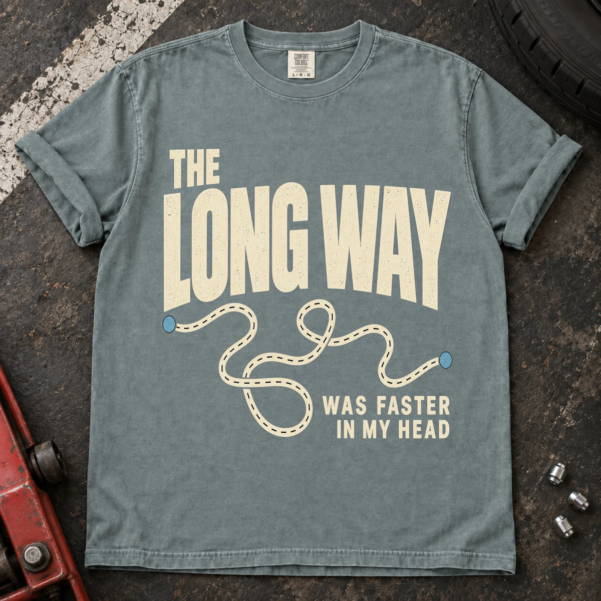 Bay car enthusiast T-shirt. A wandering route admits the long way was faster in my head.