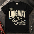 Black car enthusiast T-shirt. A wandering route admits the long way was faster in my head.