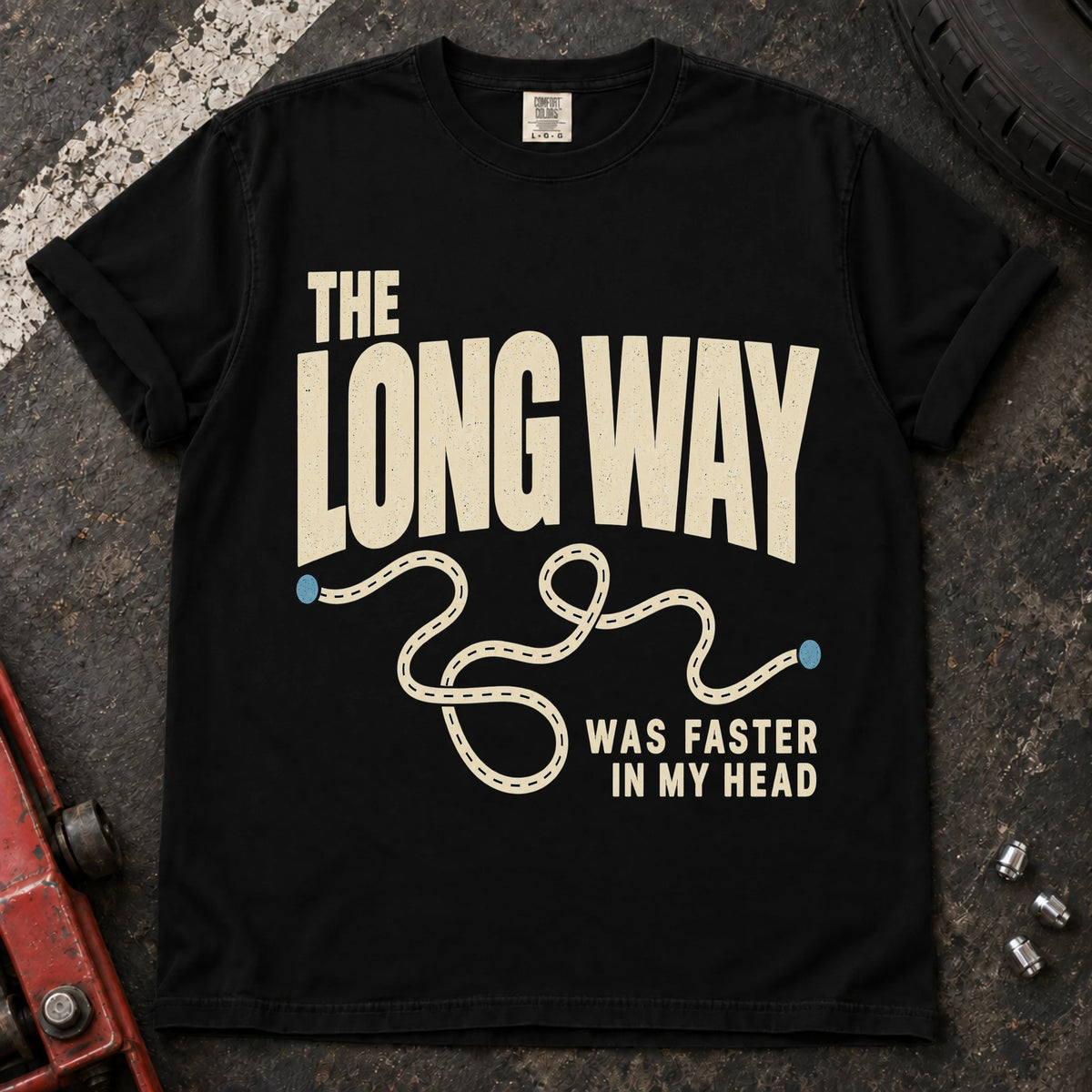 Black car enthusiast T-shirt. A wandering route admits the long way was faster in my head.