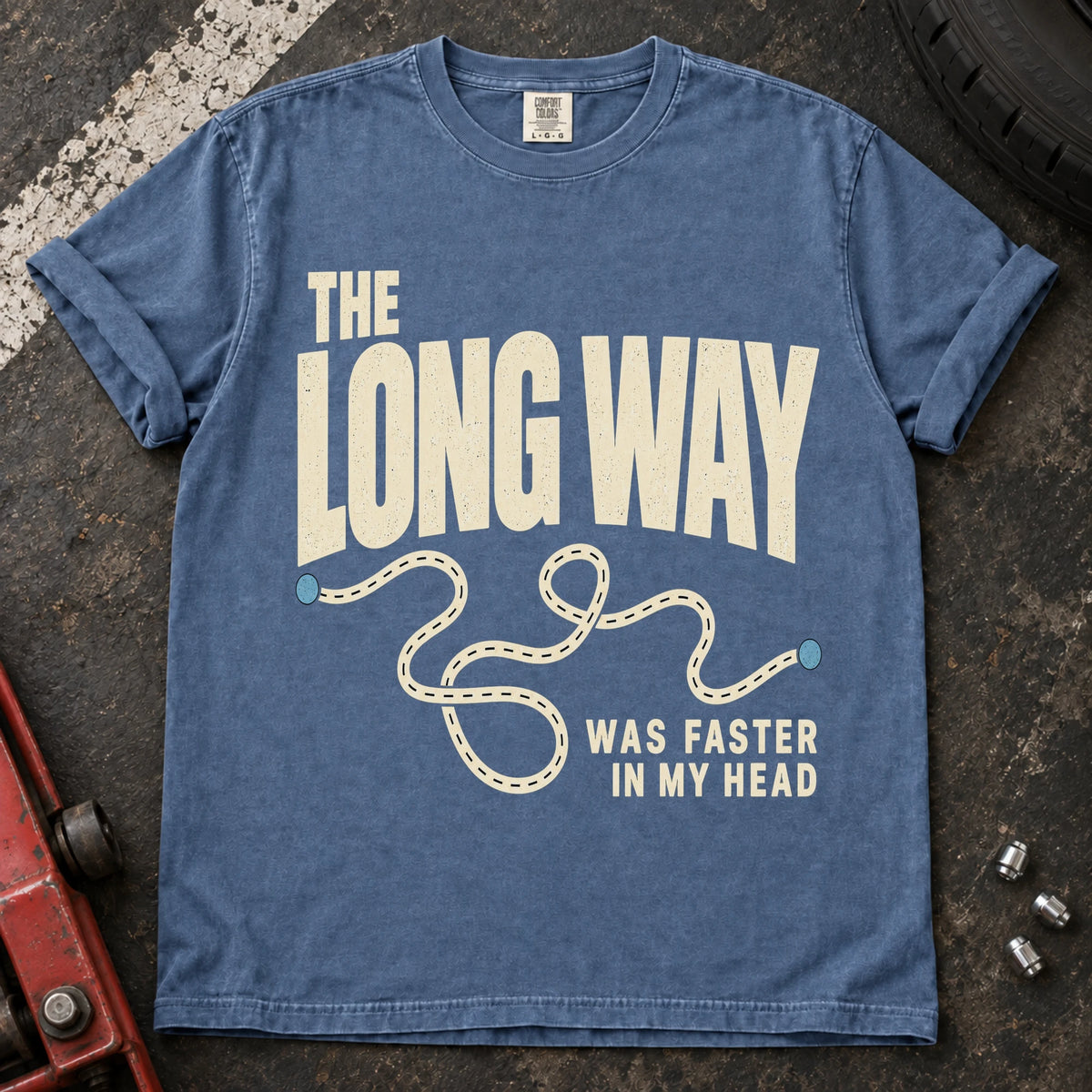 Blue Jean car enthusiast T-shirt. A wandering route admits the long way was faster in my head.