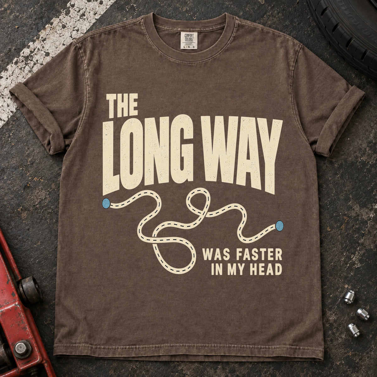 Espresso car enthusiast T-shirt. A wandering route admits the long way was faster in my head.